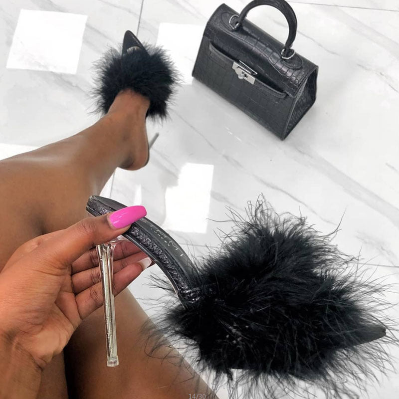 Fuzzy Mule Sandals Crystal High Heels