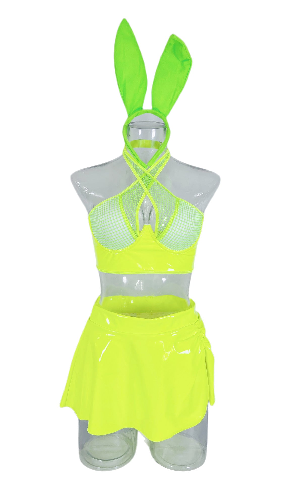 Fishnet Split PU Three-piece Bunny Suit