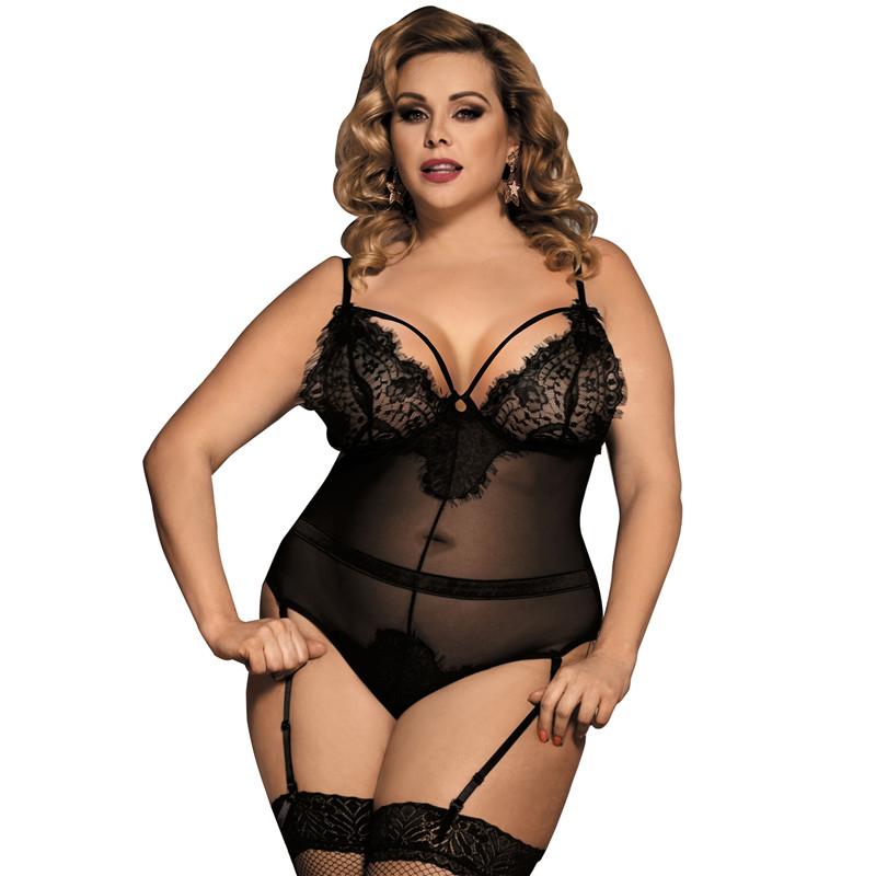Curvy Sheer Lingerie Lace Leg Garter Teddy Bodysuit