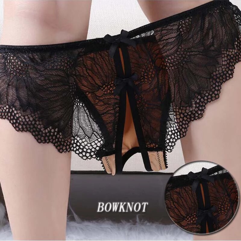 Sheer Lace Open Crotch Bowknot String Panties