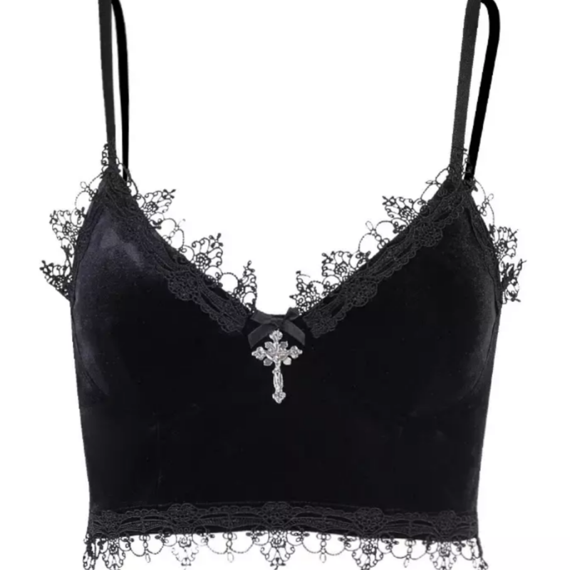 Gothic Black Lace Trim Emo Crop Top