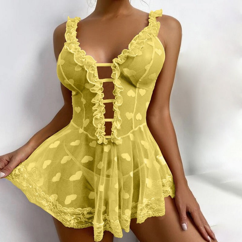 Heart Mesh Lace Ruffle Strap Solid Dress Nightwear