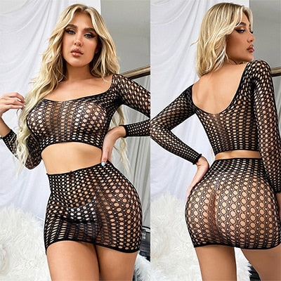 Hollow Out Mesh Long Sleeve And Shorts Body Stockings