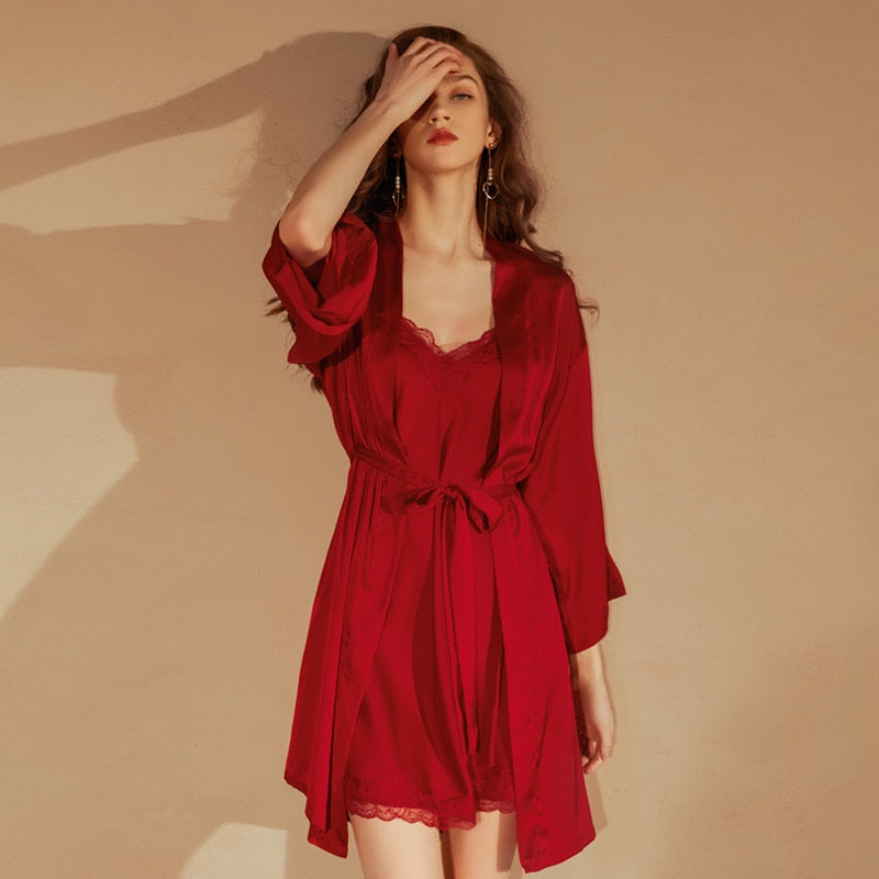 Floral Lace Trim Strap Satin Kimono Robe Nightwear