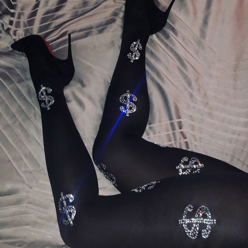 Curvy Rhinestone Dollar Pattern Pantyhose Stockings
