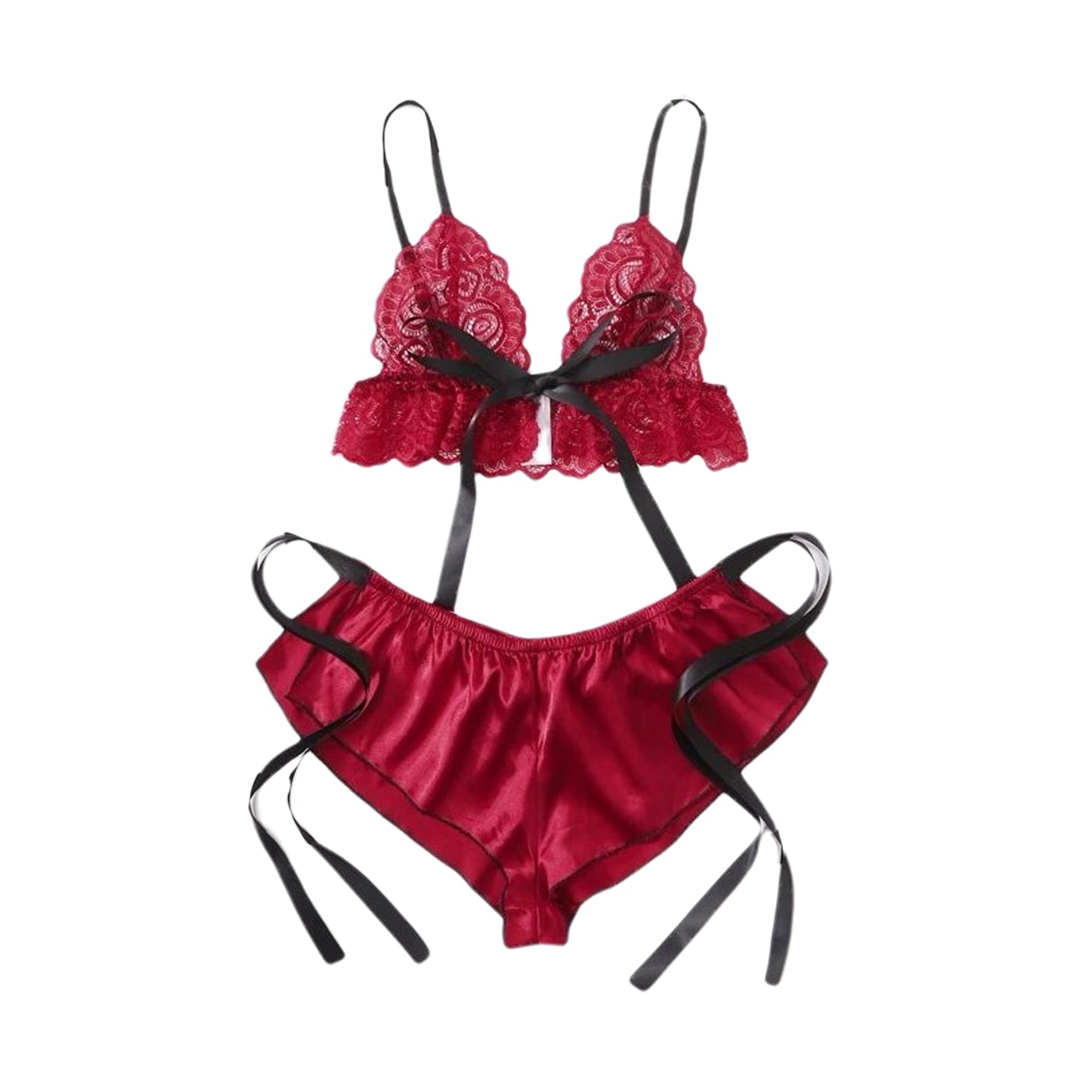 Sexy Bow Tie Lace Bra Elastic Silk Shorts Pajama Sets