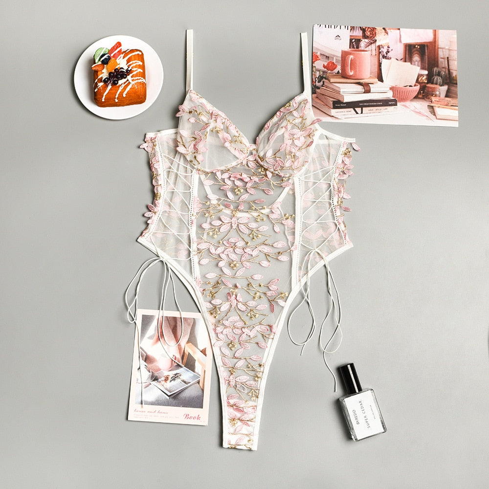 Lace-up floral mesh teddy bodysuit for women
