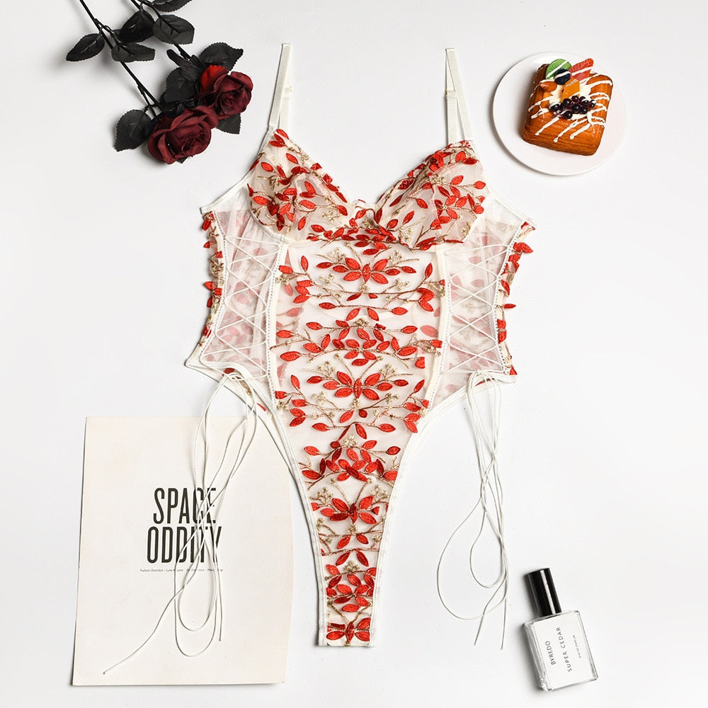 Sheer floral lace-up lingerie teddy bodysuit