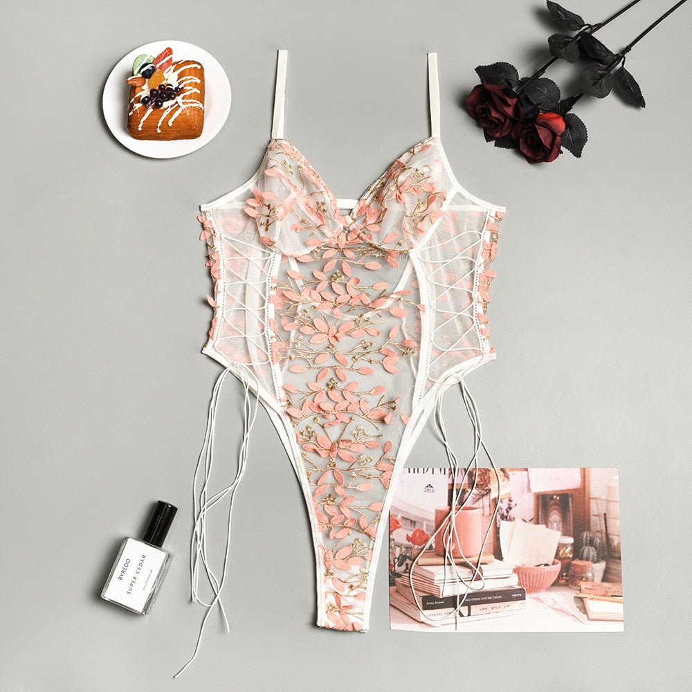 Wire-free embroidered floral teddy bodysuit
