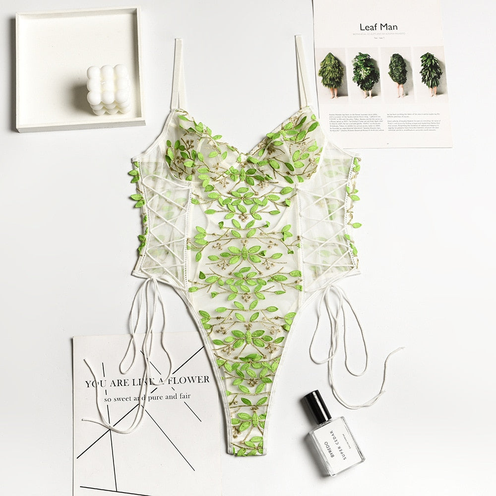 Embroidered floral teddy bodysuit lingerie detail