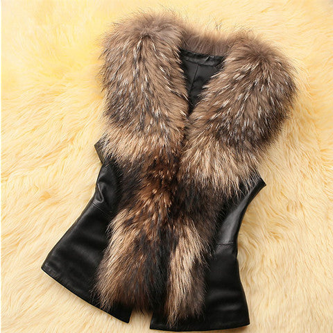 Faux Fur Leather Patchwork Vest Sleeveless Jacket