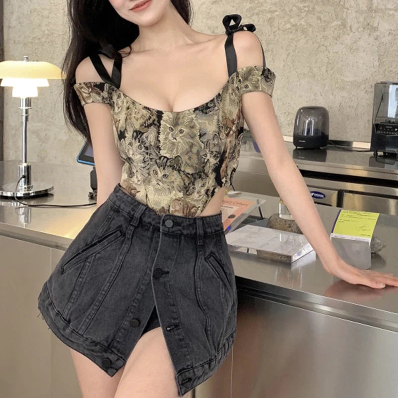 Embroidered Cat Lace Up Sleeve Corset Crop Top