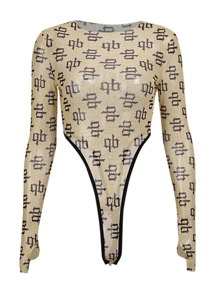 Letter Print Cut Out Mesh Thong Long Sleeve Bodysuit