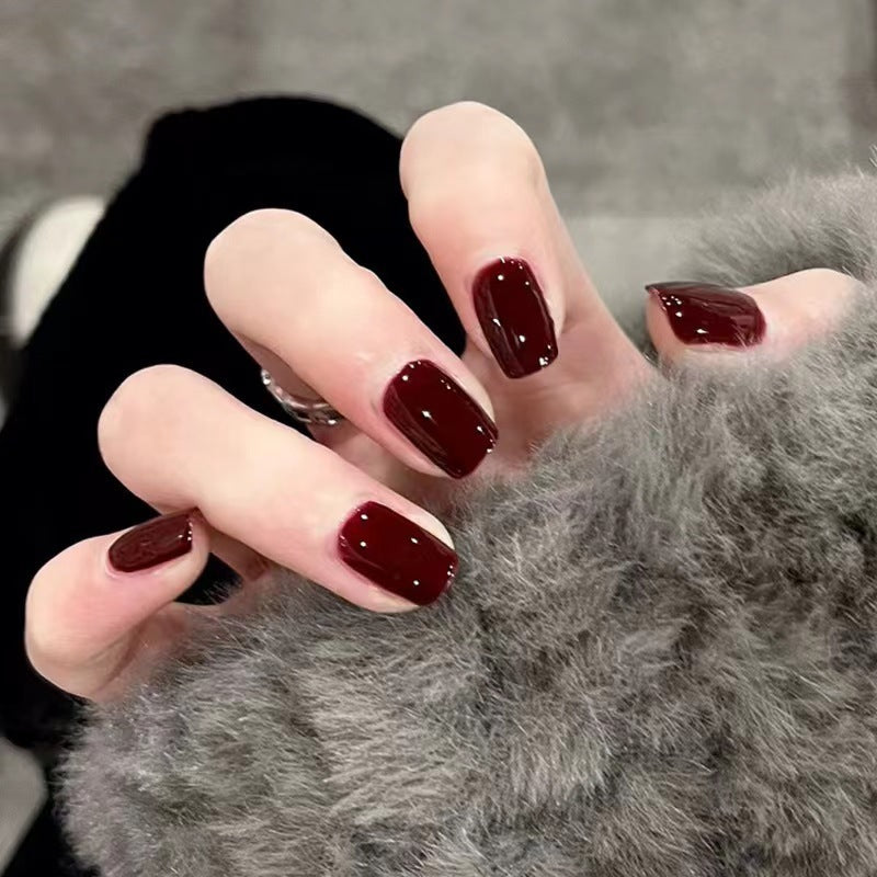 Short Square Wine Red Fake Nail Set