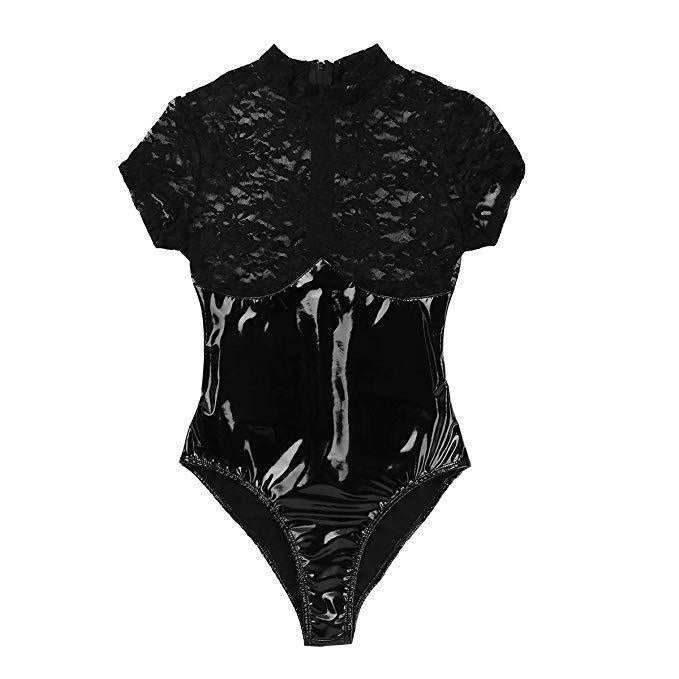 Black Patent Leather Lace Bodysuit