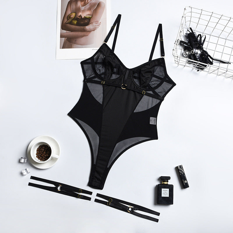 Black Mesh Patchwork Bodysuit - Mesh Bodysuit - Auggust lingerie image 3