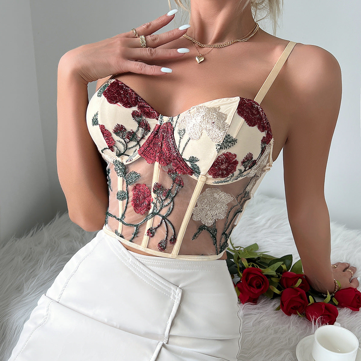 Floral Embroidered Mesh Bustier Top