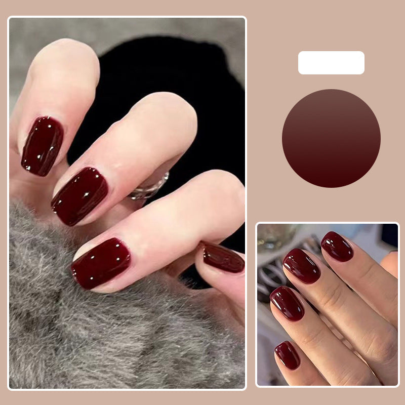 Short Square Wine Red Fake Nail Set