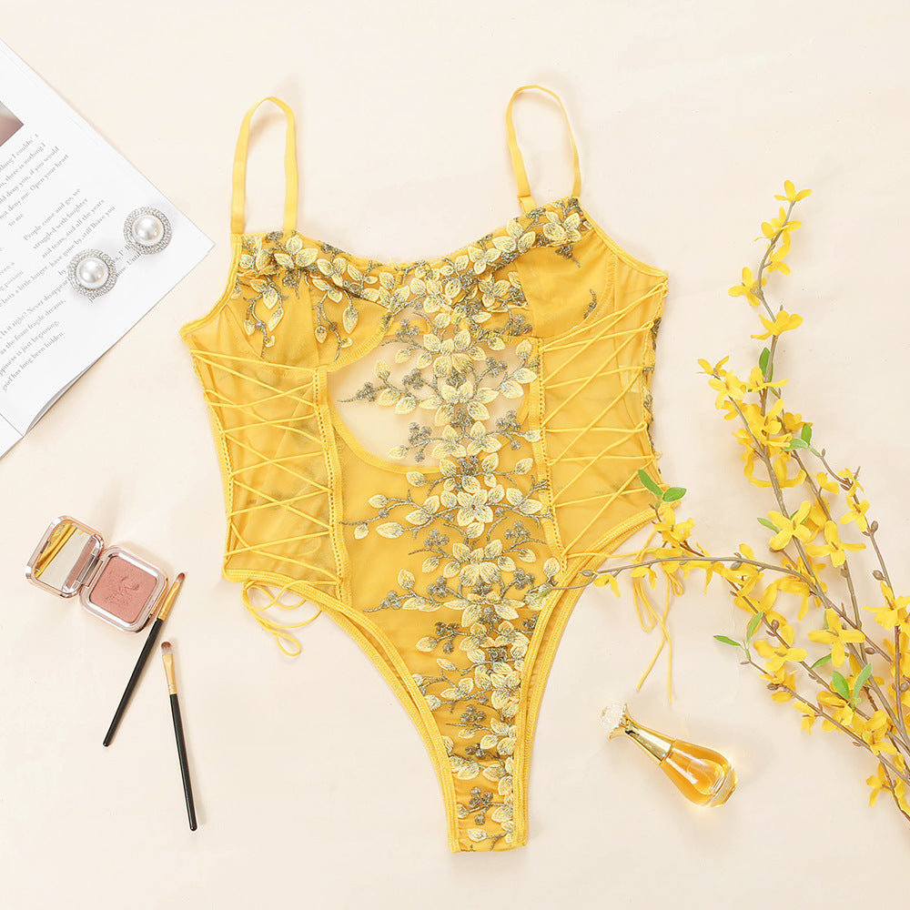 Bright yellow floral embroidered sheer mesh lace up bodysuit - image 4