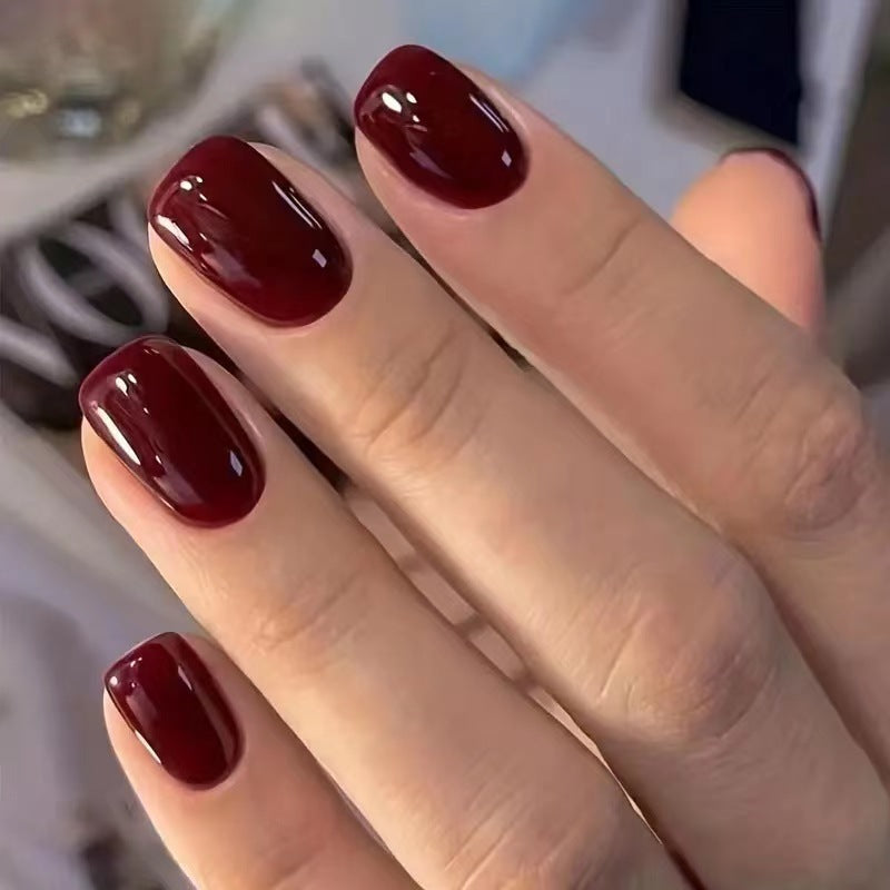 Short Square Wine Red Fake Nail Set