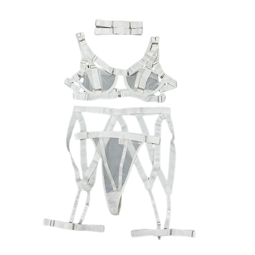 Mesh Harness Garter Belt Set with Neck Choker - Garter Lingerie Set - Auggust lingerie image 6