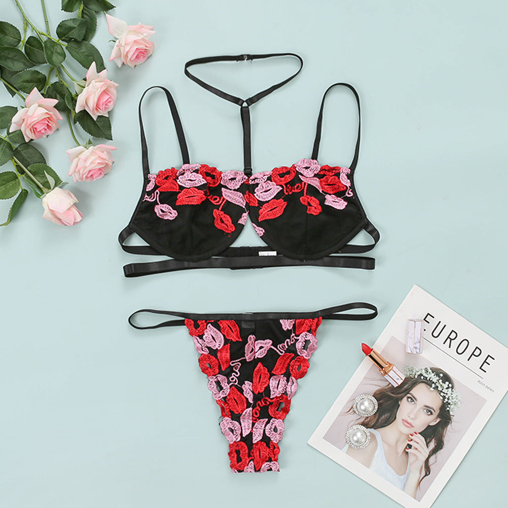 Red plus size floral lace embroidery lingerie set - image 3