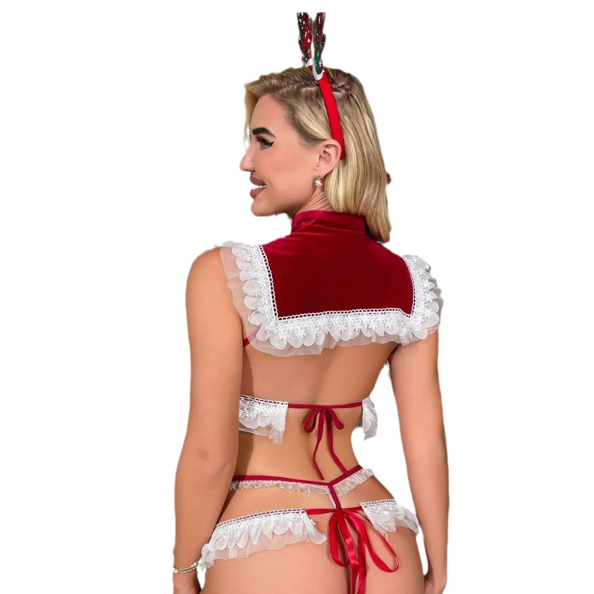 Red Santa lingerie set and antlers headpiece laid flat, showing all four pieces