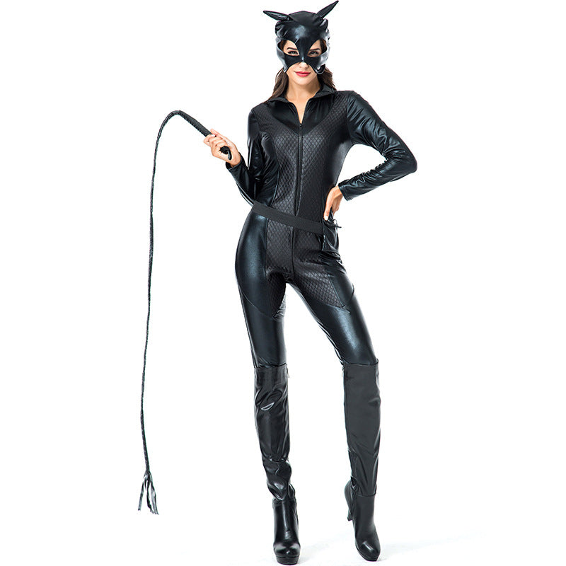 Black Halloween cat girl roleplay catsuit with belt and mask
