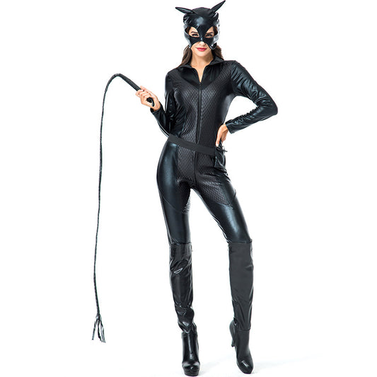 Black Halloween cat girl roleplay catsuit with belt and mask