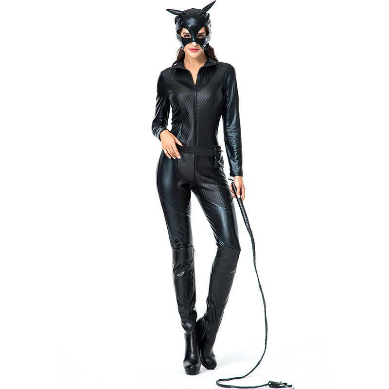 Halloween cat girl roleplay catsuit in black, available in sizes S to XL