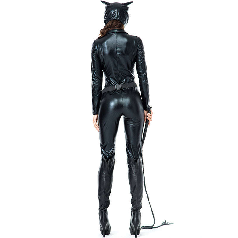 Black Halloween cat girl catsuit costume with belt and mask, Auggust