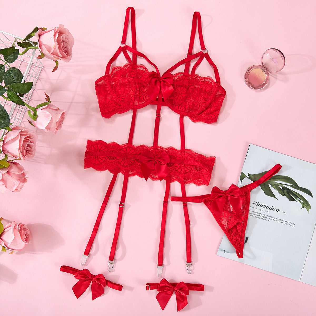 Red bow lace floral lingerie garter set - image 6