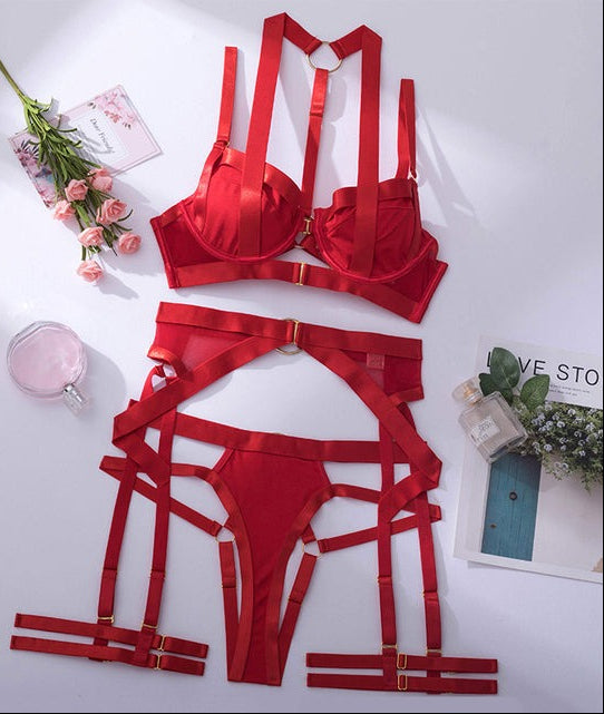 Cage silky bra panty and garter belt lingerie set - image 8