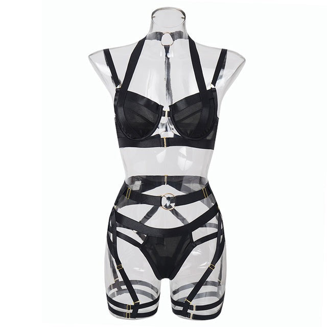 Cage silky bra panty and garter belt lingerie set - image 9