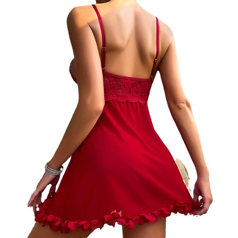 Back view of wine red slip nightdress showing sheer mesh panels