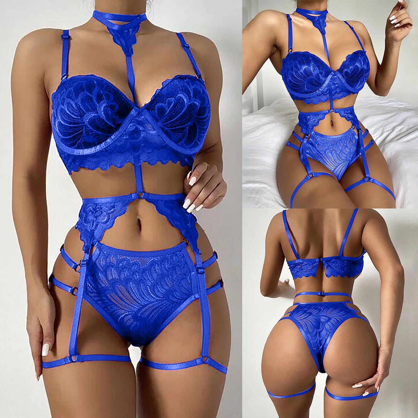 Sexy Embroidery Strappy Choker Neck Garter Sets