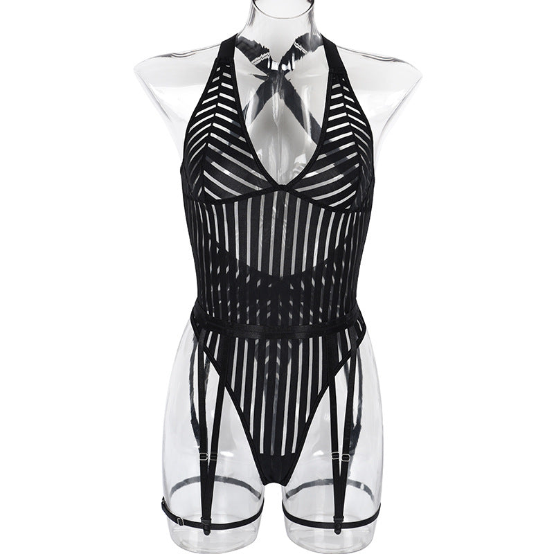 Mesh Striped Strap Belts Panel Teddy And Bodysuits