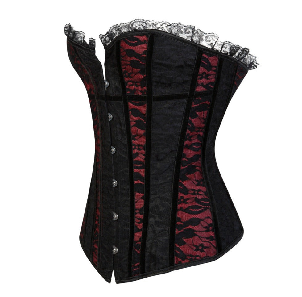 Floral Ruffled Lace Up Satin Maroon Bustier Corset
