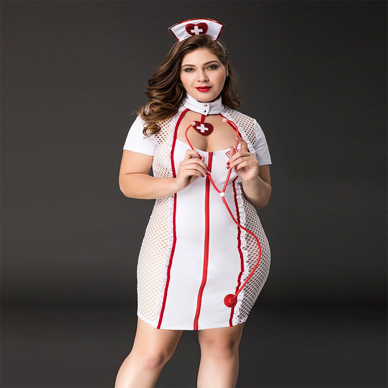 Seductive Curvy White Lace Fishnet Nurse Costume