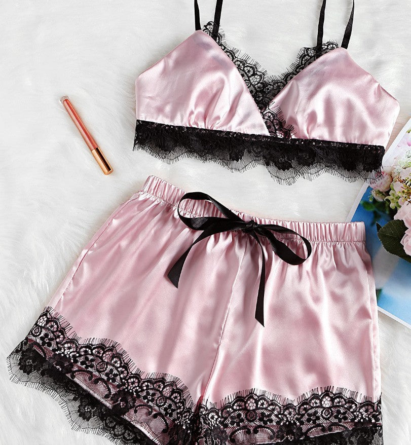 Lace Trim Satin Cami Top & Shorts PJ Set auggust-store.myshopify.com Pajama Sets Auggust Store