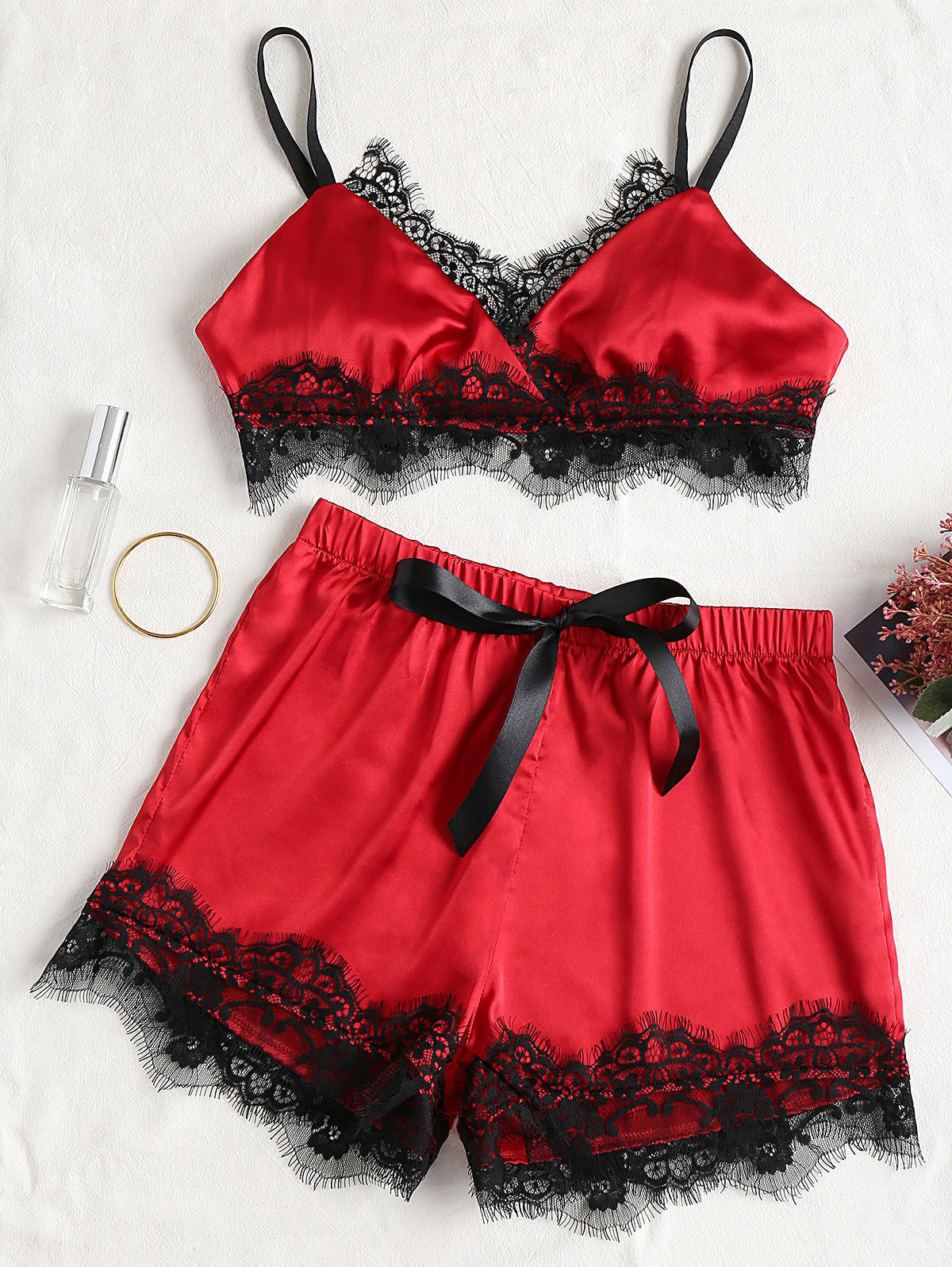 Lace Trim Satin Cami Top & Shorts PJ Set auggust-store.myshopify.com Pajama Sets Auggust Store