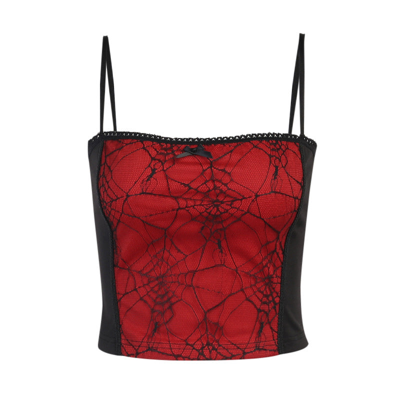 Goth Spider Web Print Mesh Ruffle Lace Cami Crop Tops