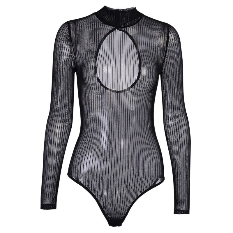 Mesh Stripe Mock Neck Hole Back Long Sleeve Bodysuits