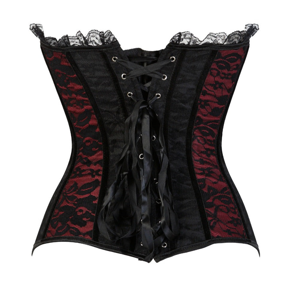 Floral Ruffled Lace Up Satin Maroon Bustier Corset
