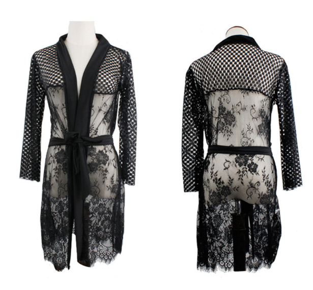 Sheer Lace Open Long Sleeve Lace Robe