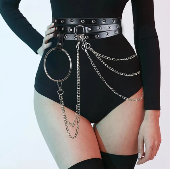 Punk Leather Metal Ring Chain Waist Belt Harness