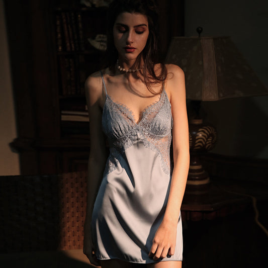 Seductive Hollow Out Mesh Lace Trim Silk Nightdress