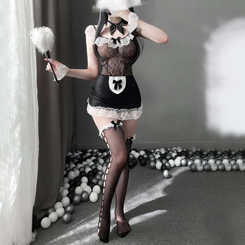 Slutty See Through Lace Bodystocking Maid Costume