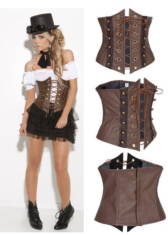 Gothic Faux Leather Lace Up Steampunk Overbust Corset