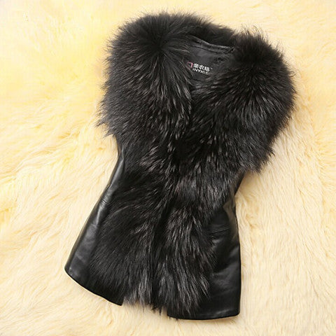 Faux Fur Leather Patchwork Vest  Sleeveless Jacket